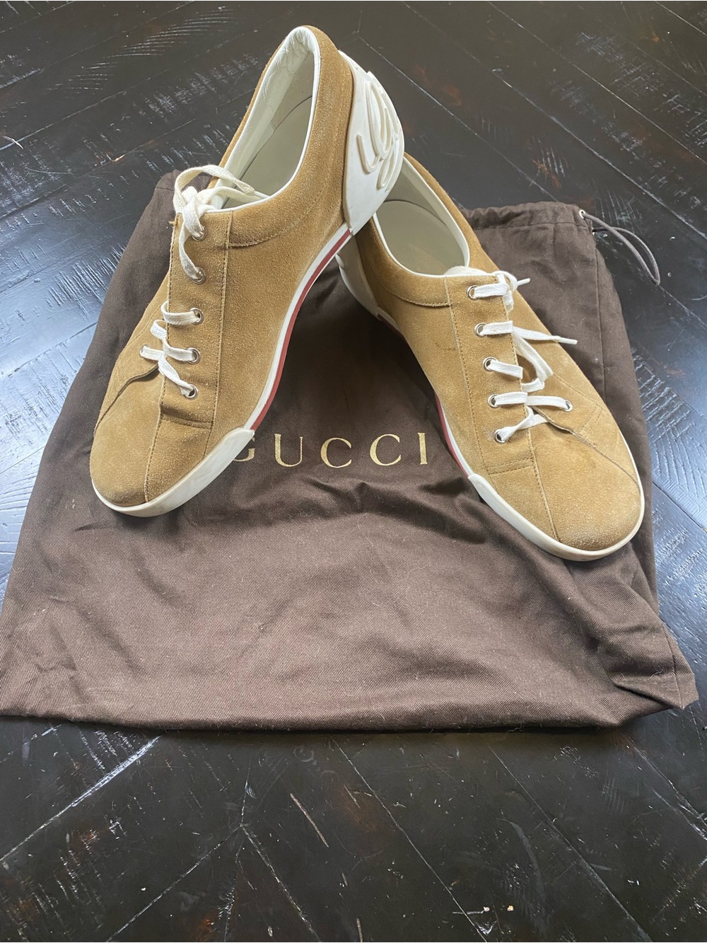 Gucci Men's Suede Sneakers in Tan and White with Red Trim.  Vintage!